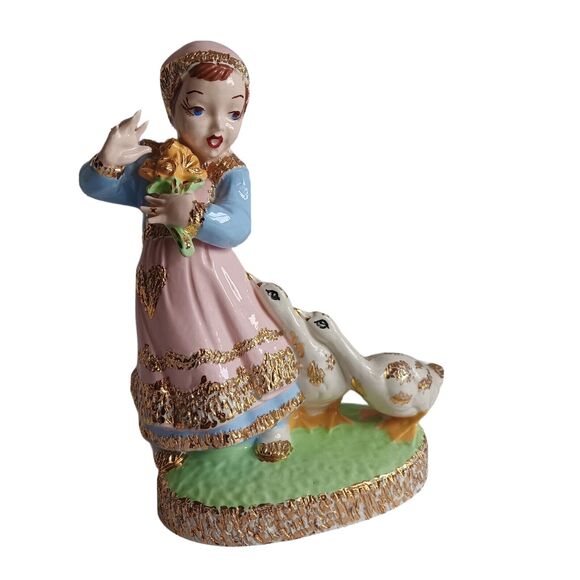 Vintage Ceramic Holland Mold Dutch Girl Geese Bouquet Glazed Gold Gilt - Picture 16 of 16